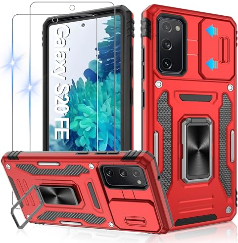 Jshru für Samsung Galaxy S 20 Fe Hülle Kameraschutz mit 2 STK Schutzfolie S20 Fe Handyhülle Militärstandard Stoßfest Schutzhülle 360° Metall Ring Ständer Case für Samsung S20FE,Rot