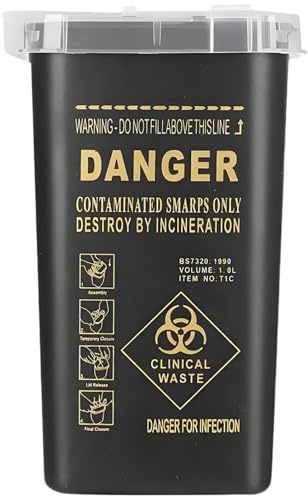 Rayakt Sharps Bin Sharps Box for Needles, Container Trash Bin with Safe Lock, 1L Sharps Travel Sharps Portable Tattoo Supplies (Black One)