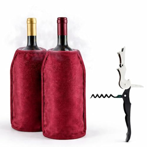 Pack 2 Enfriadores de Botellas de Vino + Sacacorchos Camarero | Funda Enfriadora con Gel Refrigerante Interior | Manga Enfriadora para Vino, Cava y Champagne | 15,5x22,5 cm (burdeos)