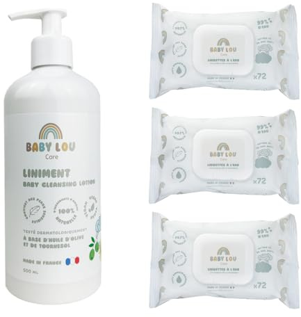 BABYLOU CARE | Liniment 500ml + 3 sachets de 72 lingettes à l'eau bébé | Nettoie en douceur & apaise la peau | Adaptés aux peaux sensibles | Testé dermatologiquement | Made in France