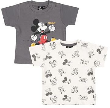 Disney Mickey Mouse Baby T-Shirt für Jungen und Mädchen - Shirt Babykleidung Kurzarm Weiß Grau (2er Pack)