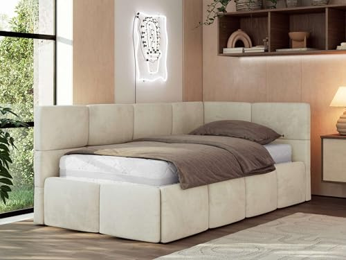 MKS MEBLE Jugendbett ARVO 90x200 cm mit Lattenrost und Bettkasten, Polsterbett mit gepolstertem Kopfteil und Gasdruckfedern, Eckbett mit Stauraum - mit Pocket-Matratze - Beige Velvet - Rechts Seite