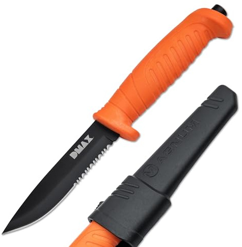 DMAX® Knivgar - Outdoormesser mit 10,3 cm feststehender Klinge schwarz & Teil-Wellenschliff - Survival- & Camping-Messer 42a konform mit Scheide - Angelmesser & Jagdmesser mit Kunststoffgriff orange