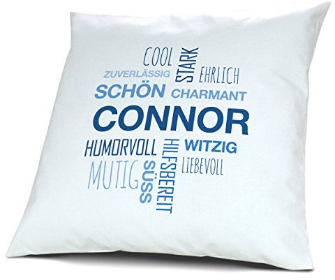 printplanet Kopfkissen mit Namen Connor - Motiv Positive Eigenschaften Tagcloud Blau, 40 cm, 100% Baumwolle, Kuschelkissen, Liebeskissen, Namenskissen, Geschenkidee