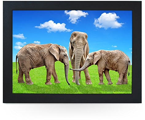 Portable Lap Desk Tray (Elephants On Grass) Handmade Wooden Frame, Beanbag Cushioned Bottom | Computers, Laptops, Meals, Food | L0182 Black