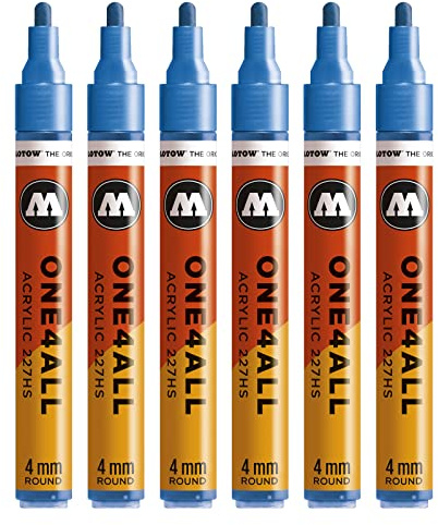 Molotow One4All 227HS Acryl Marker (4,0 mm Strichstärke, hochdeckend und permanent, UV-beständig, für fast alle Untergründe) 6 Stück Farbe 224 metallic blau | 4,0 mm Strichstärke, hochdeckend und permanent, schnell trocknend, UV-beständig, nachfüllbar, für fast alle Untergründe