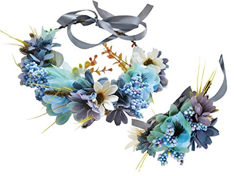 Brikuinr Floral Crown Headband Flower Garland Headband Hair Wreath Hair Garland Flower Halo Floral Headpiece Boho with Wristband Wedding Party Festival Blue