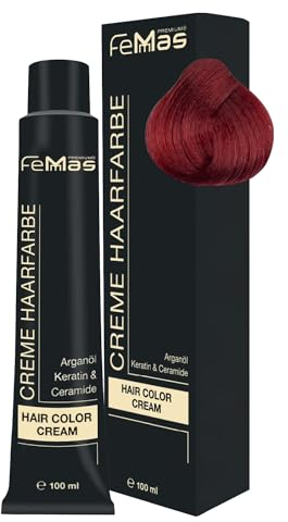 FemMas Tinte de pelo rubio medio rojo intenso 7,66 I Crema profesional tinte para el cabello con aceite de argán, queratina y ceramidas, coloración permanente del cabello o tinte para resultados de