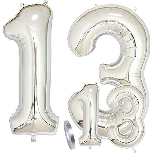 zooting Luftballons Zahl 13 Geburtstag XXL Silber - Riesen Folienballon Figuren in 2 Größen 40 & 16 | Set XXL 100cm + Mini 40cm Version Geburtstagsdeko | Vier Zahlen | Ideal zum 13. als Deko