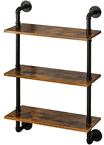 IBUYKE Étagère Murale, 60x20x95 cm, Étagère à tuyaux 3 Niveaux, Étagère Flottante, Style Industriel, Support Mural Stable, pour Salon, Salle de Bain, Cuisine, Brun Rustique RF-TM003