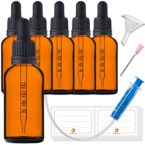 HandsUnity 30ml-6Stk Pipettenflasche kleine Glasflasche - Apothekerglas set aus Bernsteinglas mit schwarzer Pipettenkappe Inklusive 17 Stk Hilfszubehör Braunglasflaschen