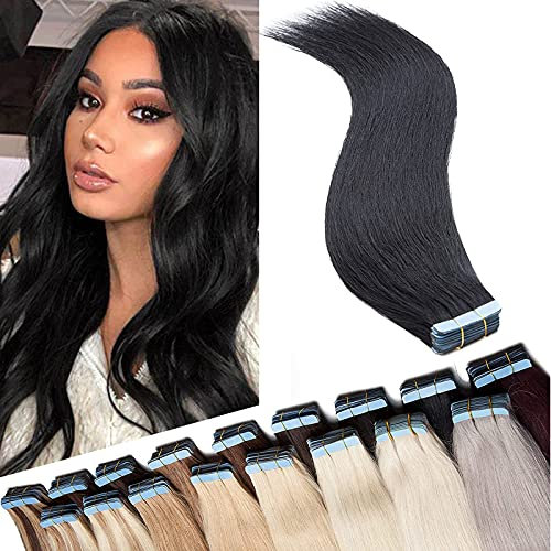 SEGO 40 Stück Tape in Extensions Echthaar 2.5g/pcs Klebeband Haarverlängerung 100% Remy Human Haar Haarteil (+10 Tressen free tapes) Schwarz#1-1 61 cm