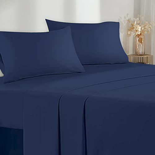 Poligino Parure De Lit 140x190/200 4 Pièces en Microfibre - Drap Housse 140x200 cm - Drap Plat 2 Personne 220x280 cm - 2 Taie d'oreiller 50x80 - Haute Qualité - Bleu