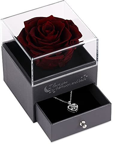 Tiaronics Echte Rose mitI Love You-Halskette in 100 Sprachen, Geschenke für Ihre Mutter, Frau, Geschenk für Freundin, Geburtstag, weinrot