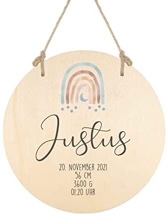 Manufaktur Liebevoll personalisiertes Namensschild aus Holz - Türschild für das Kinderzimmer - Regenbogenmotiv - Geschenk für Mädchen und Jungen (Motiv Justus Geburt)