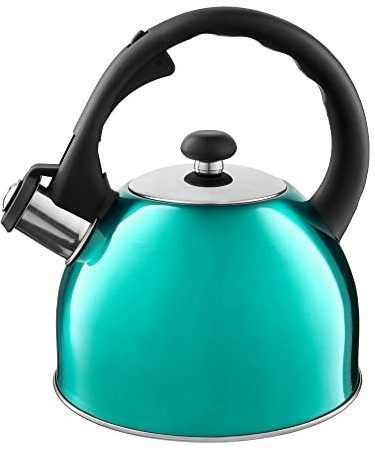 Domotti Wasserkessel Bennet 1,5 L türkis schwarz silber Teekessel Wasserkessel Wasserkocher Flötenkessel Pfeifkessel alle Herdarten Induktion Stahl Kunststoff