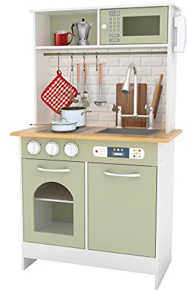 Teamson Kids Little Chef Boston Modern Farmhouse Juego de Cocina de Madera con Funciones interactivas y 9 Accesorios de Cocina de Juego, Verde Claro/Blanco TD-12679E