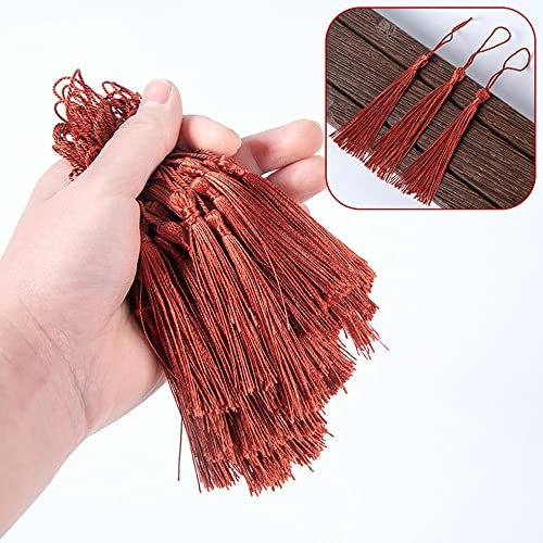 50 Stück Handgefertigte Seidige Mini Quasten,Bunte Quasten-Lesezeichen,Gerade Quasten Anhänger mit Seile Schlaufe für Schmuckherstellung DIY Handwerk Zubehör Taschen Lesezeichen Souvenirs,Rostrot