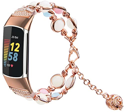 SDEQA Straps Armband Kompatibel Mit Fitbit Charge 5 Fashion Luminous Beaded Bands Cute Beaded Wristband Watch Strap Armband Für Mann Und Frau,Rose Gold