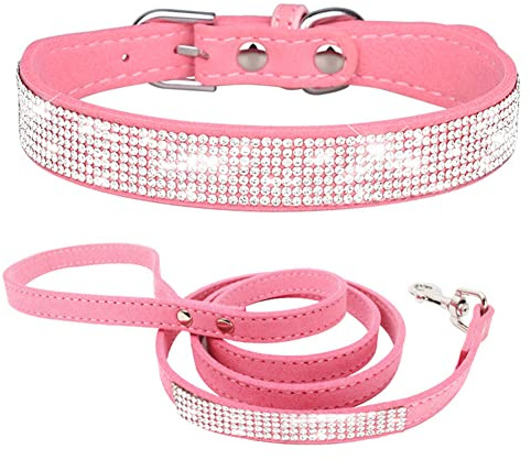 Hundehalsband Kleine Hunde mit Leine, Halsband Welpe Mit Strass Perlen Glitzer Kristall Steine MäDchen Halsband Katze HüNdin Strasssteinen,Rosa XXS