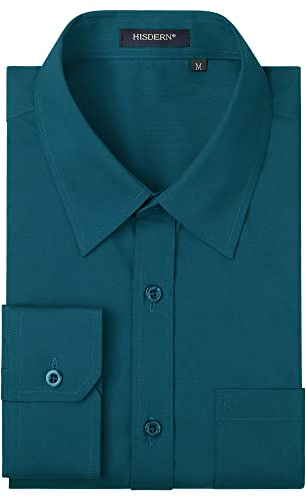 HISDERN Men's Long Sleeve Formal Dress Shirt Business Regular Fit Shirts Casual Non-Iron Shirt for Wedding Work Teal M