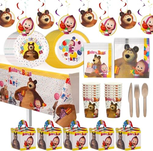 Mighty Mojo Masha e Orso Party-In-A-Box - Kit di decorazione completo per compleanni, vacanze e molto altro ancora! 8 decorazioni da appendere, 8 piatti, tovaglie, utensili, bicchieri, tovaglioli,