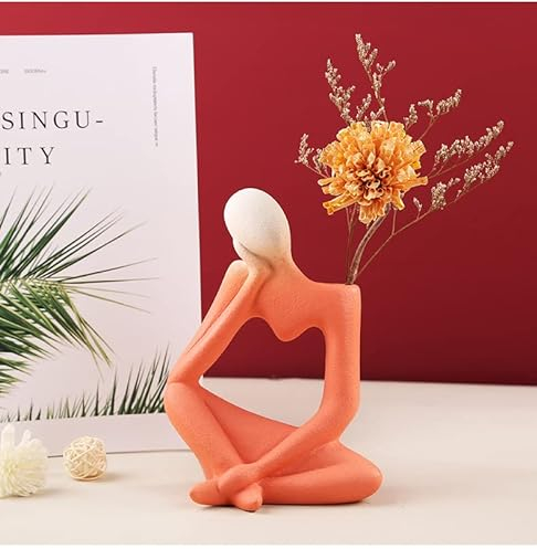 Lifexquisiter Thinker Statue Blumenvase, Keramik Denker Skulptur Vase für Tischregal Kamin Home Decor, Abstrakte Moderne Vase für Tafelaufsätze Wohnzimmer Küche Hochzeit Büro, Orange Rot