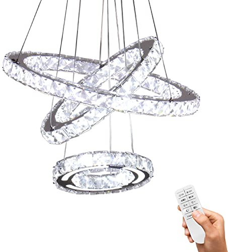 GLEAMING Moderne Kronleuchter LED Kristall Pendelleuchte 3-Ring Hängelampe Höhenverstellbar 18cm Deckenablage 52w für Schlafzimmer Wohnzimmer Küche Esstisch (Helligkeit/Farbtemperatur einstellbar)