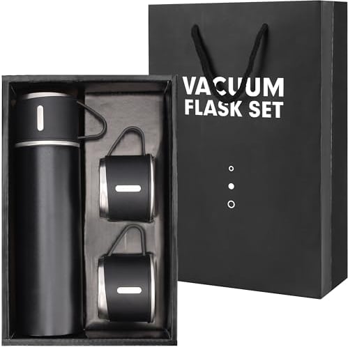 Belle Vous Schwarze Thermosflasche aus Edelstahl mit Deckel und 2 Becher - 500ml Doppelwandige Thermoskanne mit Becher - auslaufsichere Thermos Flasche für heiße und kalte Getränke