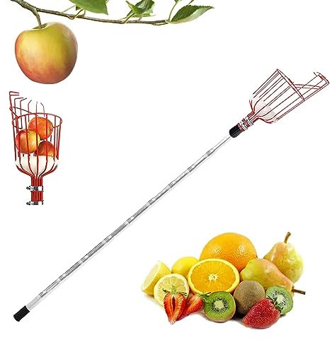 Obstpflücker, Teleskopische Obstpflückstange, Mehrzweckpflücker aus rostfreiem Stahl, lange Obstpflückstange für Obstgärten, Apfelpflücker,Kirschenpflücker mit Baumwollbeutel (Kunststoff, 4.2m)