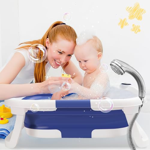 Jopassy Baby Badewanne Faltbare Badewanne Baby, Babybadewanne Neugeborene mit Thermometer, Groß Babybadewanne mit Badematte, Tragbare Badewanne Baby für Babys von 0-36 Monaten(Blau-B)