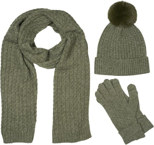 styleBREAKER Damen Set 3-Teilig aus Schal, Bommelmütze und Handschuhe, Zopfmuster Strickschal Warm Winter Einfarbig 01018270, Farbe:Oliv