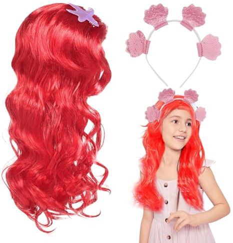XNIVUIS Mädchen Meerjungfrau Prinzessin mit roter Perücke und Stirnband kleine Meerjungfrau, Rollenkostüm für Erwachsene und Kinder Für Halloween, Maskerade, Weihnachtsfeier (56, Rot)
