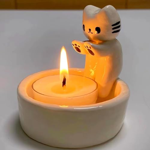 Kitten Candle Holder Warming Paws, Katzen-Kerzenhalter, Teelichthalter Katze, Niedlicher Cartoon-Kerzenhalter Dekoration Geschenk für Mädchen Frauen - ohne Kerzen (A)