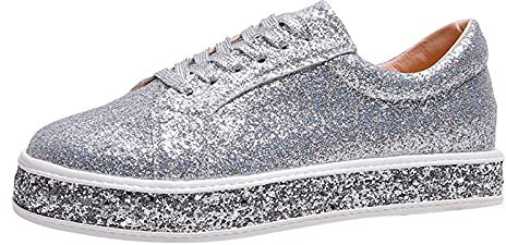 Glitzer Schuhe Damen,Schnürschuhe Flach Silber Schwarz Pailletten Schuhe Plateau Sneaker Weiss Leder Outdoor Sportschuhe Halbschuhe Atmungsaktive Laufschuhe Leicht Schnürschuhe Turnschuhe Sport