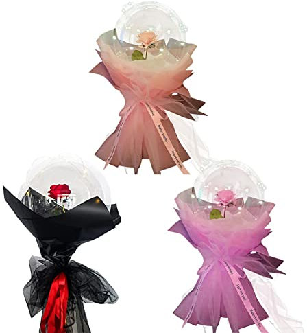 Bouquet de roses lumineuses 1/3 pièces – Ensemble de ballons transparents magnifiquement conçus pour la fête | Bouquet de roses durables pour la Saint-Valentin avec fleurs à DEL, pour fête prénuptiale