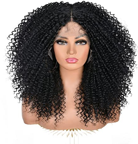 ISAMY Curly Lace Front Perücken für Schwarze Frauen 13x4 x1 HD T Part Lace Frontal Perücke Synthetisches Haar Vorgezupftes Deep Curly Wave Haar Curly Afro Perücke 17Inch (Schwarz)