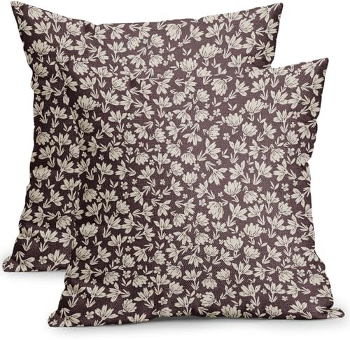Kissenbezüge mit Vintage-Blumenmuster, 45,7 x 45,7 cm, 2 Stück, dunkelbraun und cremefarben, für den Außenbereich, dekorative Dekokissen, braun, kleiner Blumendruck, rustikale Kissenbezüge,