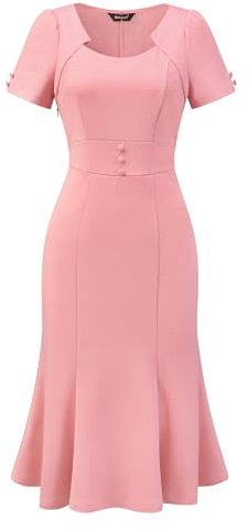Allegra K Robe de Cocktail Vintage Femme Robe Sirène de Business Ourlet Queue de Poisson Manches Courtes Robe Mi-Longue Moulante Rose L