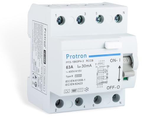Protron FI Fehlerstromschutzschalter FI Typ B Allstromsensitiv 4P, RCCB RCD für PV Anlage Wallbox E-Auto (63A-30mA)
