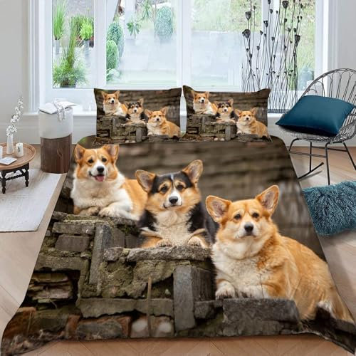 VULORA Bettwäsche 135x200 Corgi Bettbezug mit Reißverschluss 100% Mikrofaser Bettwäsche-Sets für Junge Mädchen 3D Druck Tiere Hunde Kinderbettwäsche mit 2 Kissenbezüge 80x80cm Sommer A42