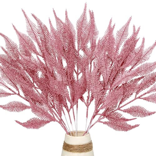 12 Pieces Artificial Christmas Glitter Leaves Branches, 39cm Sparkly Fake Leaf Sprays Christmas Tree Feathers Decoration for Christmas Tree Picks Ornament Arrangements DIY Crafts Wreaths (Pink)