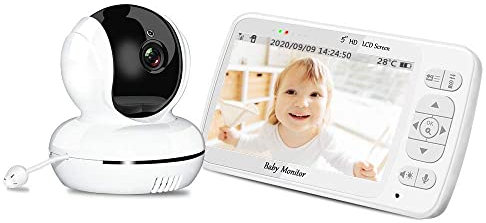 Babyphone mit Kamera, 720P 5HD-Display Video-Babyphone, Schwenken/Neigen/Zoomen per Fernbedienung, IPS-Bildschirm, 300 m Reichweite, 3000mAh wiederaufladbarer Akku, Nachtsicht und VOX-Modus (Weiß)