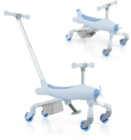 GOPLUS 2 in 1 Schiebeauto & Rutschauto, Dreirad mit verstellbarem Schiebegriff, LED Rädern & Korb hinten, Rutscherfahrzeug im Flugzeugmotiv für Kinder ab 18 Monaten, belastbar bis 50kg (Blau)