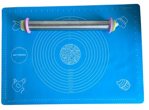 360Trends Mattarello in acciaio inox con anelli di spessore regolabili e tappetino in silicone – Antiaderente, adatto per alimenti, perfetto per biscotti, pizza e pasticcini, 43,5 cm x 6,5 cm