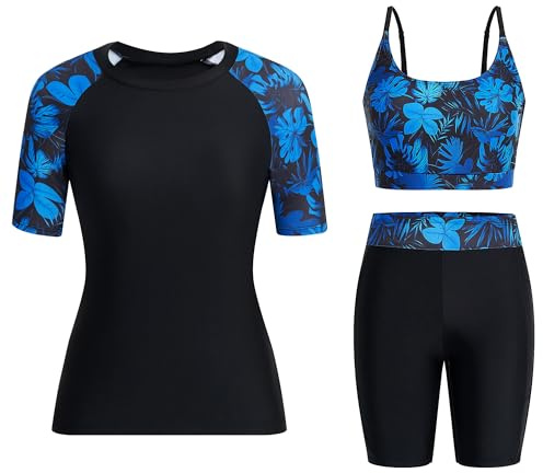 Owntop Womens 3-Piece Rash Guard | UPF50+ UV Swim Shirt | Short Sleeve Rashguard Shirts & Bikini Top & High Waist Boyshorts | Modest Swimwear Swimsuits | Swimming Surfing | Deep Blue S