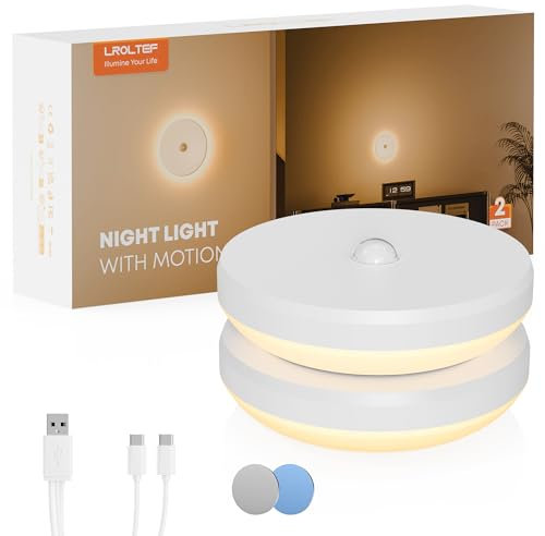 LROLTEF LED Luz Nocturna Retroiluminación con Sensor de Movimiento Adecuado para Habitaciones Infantiles, Dormitorios, Escaleras, Cocina, Pasillos | 3000K 2 Piezas