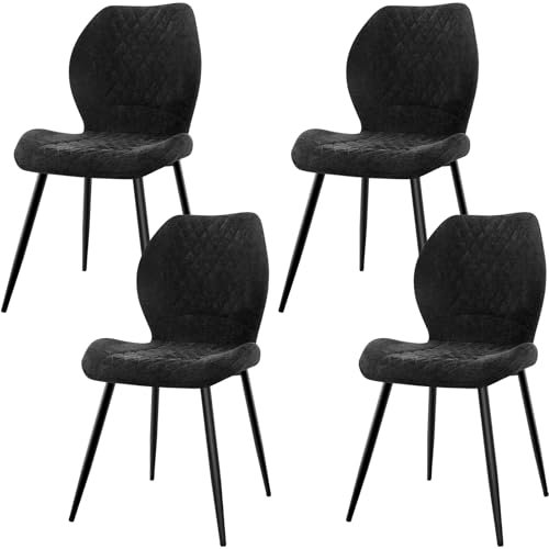 LEWE Leinen Esszimmerstühle 4er Set, Modernes Karomuster mit Metallbein, gepolstert, Armloser Küchenstuhl für Restaurant/Wohnzimmer/Schlafzimmer, [Schwarz]