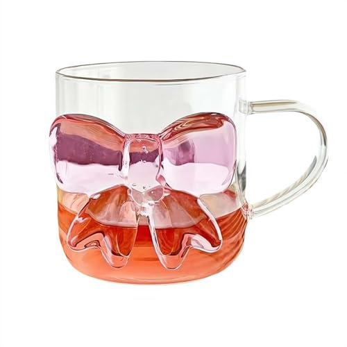 Glass Coffee Mug with Pink Bow Design,Girls Pink Bowknot Glass Cup, Tea Cup, Milk Cup,Pink Glass Coffee Mug Gift for Girls Women