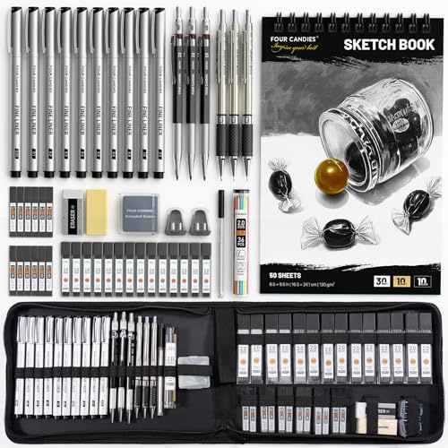 Four Candies 52 Stück Kunstzubehör Skizzier- und Zeichenset | 10 Micron Fineliner-Stiften, 6 Zeichenbleistiften, 3-farbigem Skizzenbuch, 27 Minen-Nachfüllungen, Schulbedarf Geschenke